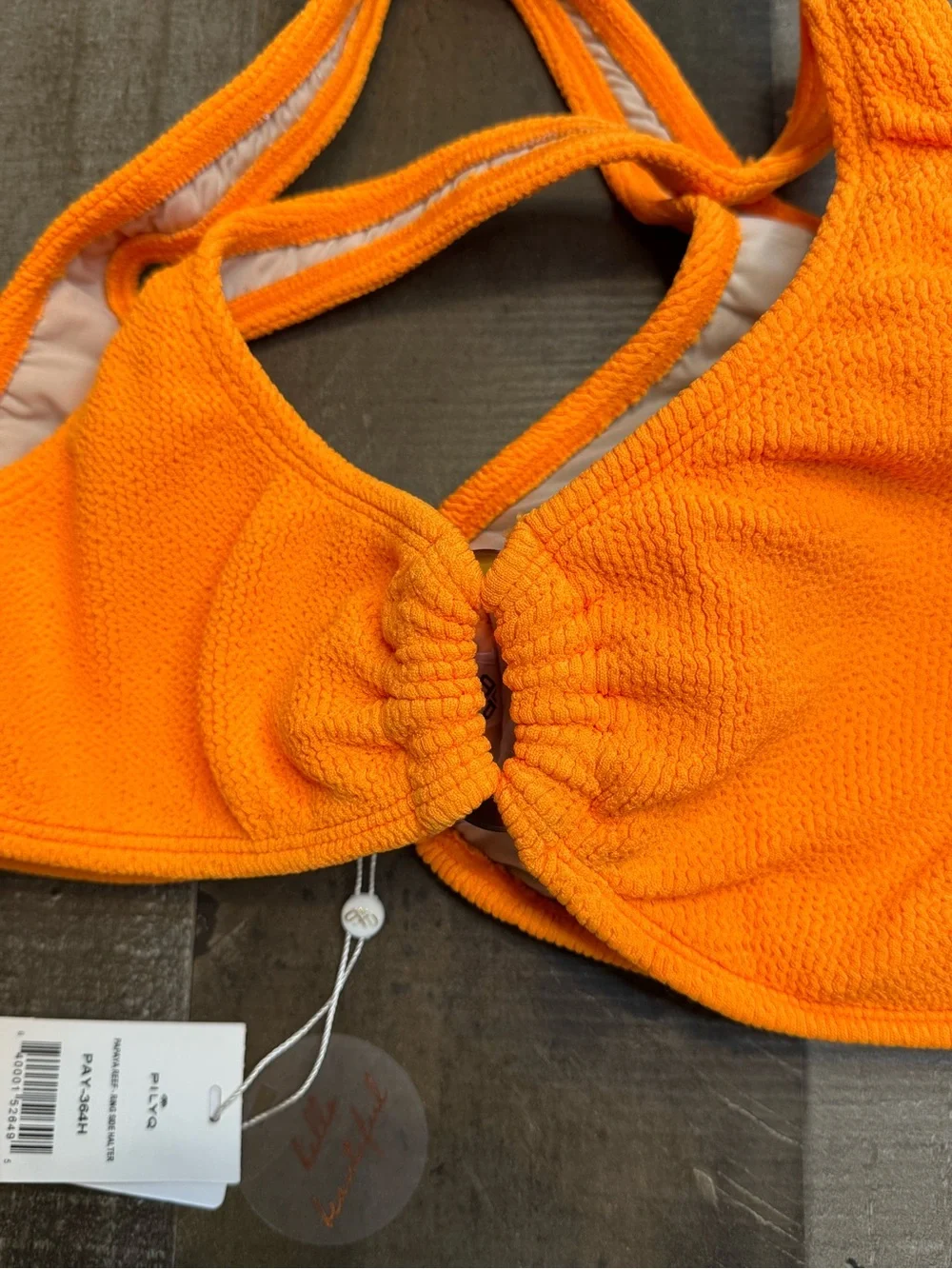 Pilyq Papaya Reef-Side Ring  Halter Orange Ribbed Scoop Bandeau Top size D